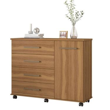 Imagem de Cômoda Sapateira P/ Roupas Quarto Casal/Solteiro 4 Gavetas 1 Porta 1 Prateleira Removível C/ Rodízios Flora