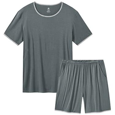Imagem de MoFiz Conjunto de pijama masculino pijama camisa de dormir e shorts conjunto de pijama leve macio masculino conjunto de pijama com bolsos cinza azul GG