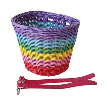 Imagem de kowaku Casquete de bicicleta infantil Bicleta Front Bicycle Basket Bike Pannier Rainbow Basket Storage para triciclo dobrável Bicicleta, Tiras Rosa