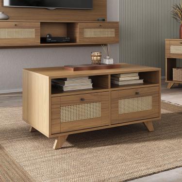 Imagem de Mesa De Centro Com 2 Gavetas e 2 Nichos Artely Trama Cor Carvalho Com Palha