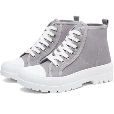 Imagem de Rominz Tênis feminino de lona de cano alto branco moderno com cadarço preto, Cinza, 34