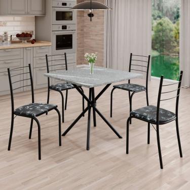 Imagem de Conjunto Sala De Jantar Mesa Quadrada 70x70cm Tampo Granito Topázio 4 Cadeiras Rio Preto Floral / Preto Fosco