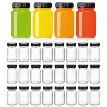 Imagem de KEYWING Pacote com 28 garrafas de vidro de 60 ml com tampas – frascos transparentes pequenos para gengibre, doses de bem-estar, suco, uísque – Mini garrafas de boca larga reutilizáveis para viagem – à