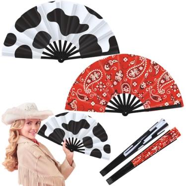 Imagem de GlikCeil 2 peças de leque dobrável de 33 cm com estampa de leques dobráveis para festivais de música, eventos de clube, danças, cowgirl, acessório caubói para festa ocidental (bandanas, estilo vaca)