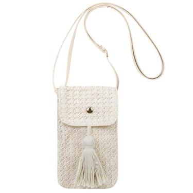 Imagem de AdiStylinno Bolsas pequenas transversais para mulheres, com borlas de palha para celular, bolsa pequena de tecido com alça ajustável, Off-white, 11 x 18 x 1.5 cm / 4.75 x 7 x 0.5 in