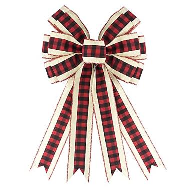 Imagem de Hying Grande laço de Natal para guirlanda, arcos xadrez de búfalo preto vermelho para decoração de cerca de parede da porta da frente, vermelho bege para decoração de árvore para decoração de festa de