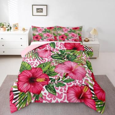 Imagem de Erosebridal Conjunto de edredom de solteiro, plantas havaianas, folhas de palmeira, estampa de leopardo, rosa, hibisco, floral, para crianças, adolescentes e adultos