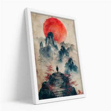 Imagem de Quadro Decorativo Sol Nascente Oriental Com Moldura Arte Japonesa Caminho Montanha Névoa Vermelho Natureza Estilo Zen Pintura Tradicional