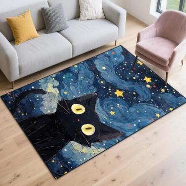 Imagem de Lacut Tapete de gato preto para quarto, tapete de entrada antiderrapante, tapete lavável com céu estrelado gato preto, tapete de veludo macio para animais de estimação para banheiro, quarto, sala de