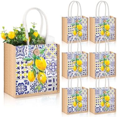 Imagem de Abbylike Bolsa de presente de flores silvestres pequena de flores silvestres com botão de alça para lembrancinha de festa de casamento (limão de porcelana azul e branco)