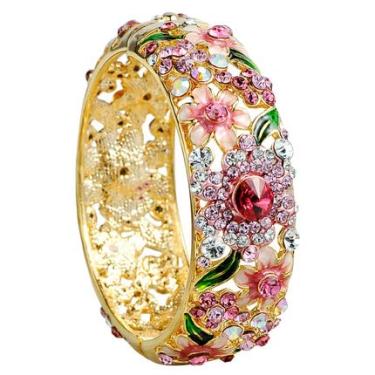 Imagem de Only My Live Home Pulseira de flor esmaltada de strass colorido, pulseira étnica Cloisonne com dobradiças para mulheres, joias modernas, presentes, diameter 2.20 inch (5.6cm) about, Cloisonne, Strass