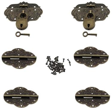 Imagem de GZWZH 6 peças, 2 mini fechaduras de metal, 4 chaves 70 x 54 mm, dobradiças ovais em relevo antigas com 46 parafusos para embalagem, caixas de madeira, acessórios de decoração de caixa de presente