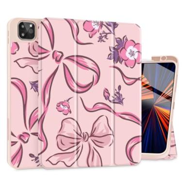 Imagem de Mektron Capa para M4 iPad Pro 11 polegadas 2024 com suporte de lápis, modelos compatíveis: A2836/A2837/A3006, capa para tablet com capa traseira de TPU macio, flores-laços-rosa