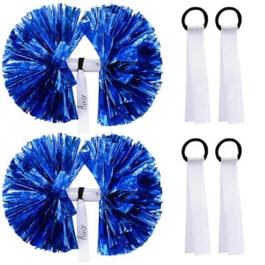 Imagem de Zoooyawn Conjunto de 2 pompons de líder de torcida e 4 peças, conjunto de crachás com alça de bastão, pompons, fita em branco, etiquetas de pompom de torcida para esquadrão de torcida, acessório de