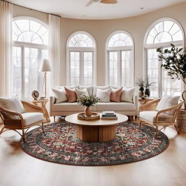 Imagem de U'Artlines Boho Vintage Tapete redondo de 2,4 m lavável na máquina Tapete macio antiderrapante antiderrapante para sala de estar, quarto, entrada, sala de jantar, escritório, ferrugem e azul-petróleo