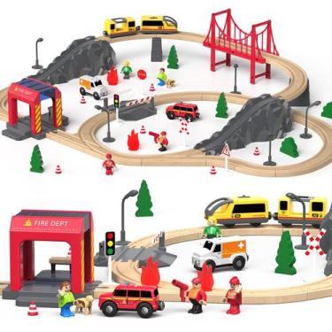 Imagem de Conjunto de trem de madeira Giant Bean Fire Station 72 unidades com tr