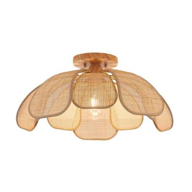 Imagem de Haolaike Boho 20 polegadas Rattan Flush Mount Luz de teto luminárias floridas abajur tecido à mão luminária de teto para quarto, cozinha, ilha, sala de jantar, sala de estar