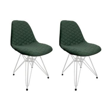 Imagem de Kit 2 Cadeiras Jantar Estofadas Verde Eiffel Eames Base Ferro Branco -