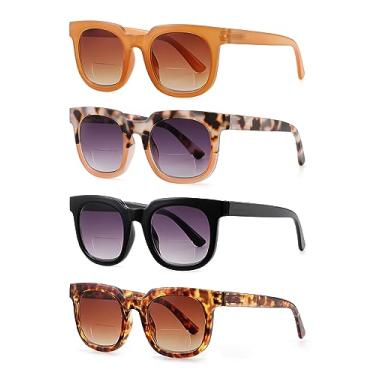 Imagem de ZUVGEES Pacote com 4 óculos de leitura bifocais retrô grandes para homens e mulheres com bloqueio de luz azul com dobradiça de mola, Bifocais de sol (4 pares), M