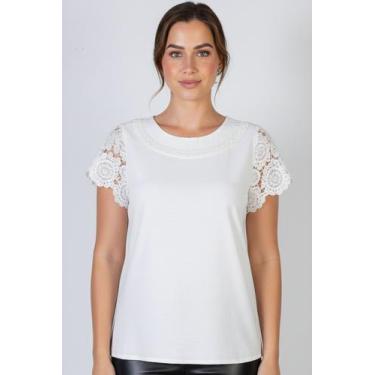 Imagem de Blusa manga curta feminina detalhe crochê 51607 - Fluffy, Off white, M