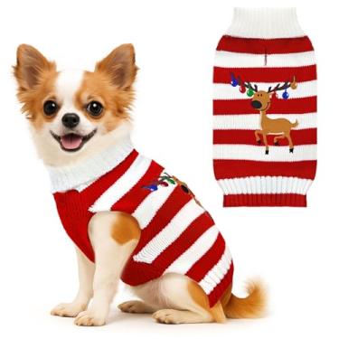Imagem de BAEJMJK Suéter de Natal listrado para cães de Natal, roupas quentes de gola rolê, roupas de cachorro para animais de estimação, fantasia, outono, inverno, pulôver de malha para cães pequenos, médios e