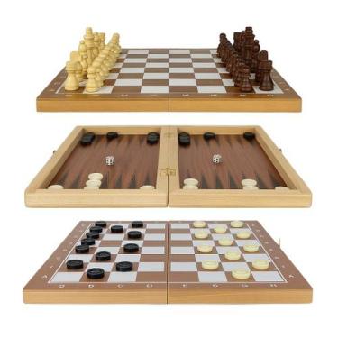 Imagem de Jogo Xadrez Damas Gamão 3 em 1 Tabuleiro de Madeira 34x34cm com Estojo