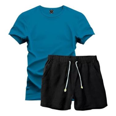 Imagem de Conjunto Camiseta Lisa Algodão Premium 9 Cores + Short Linho Preto - H