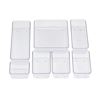 Imagem de Organizador Modular para Gavetas Bancadas e Armários Geladeira Plástico Transparente, Kit com 7 Potes Sortidos
