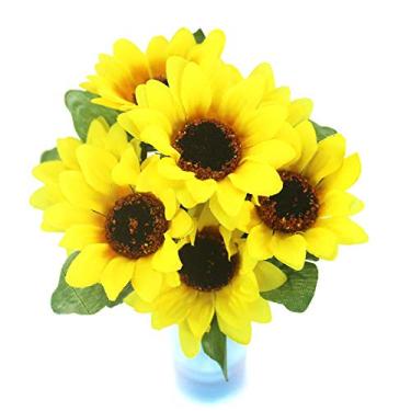 Imagem de Flor artificial em vaso, 13 cabeças, girassol de seda amarela, flores artificiais, 7 ramos/buquê para casa, escritório, festa, jardim, hotel, casamento, decoração de plantas artificiais, arranjos de