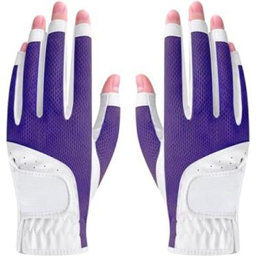 Imagem de 1 par de luvas de golfe femininas de dedo aberto, pacote com 2, luvas de golfe sem dedos, mão esquerda, sem dedos, poliuretano e microfibra, tecido de malha respirável legal e confortável (roxo, 17)