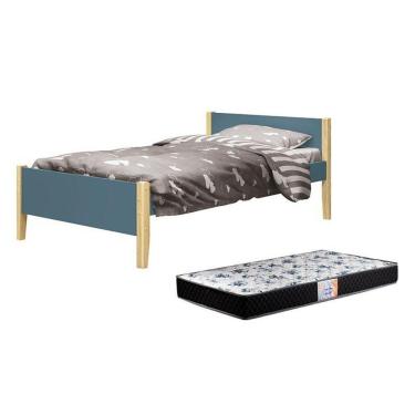 Imagem de Cama Solteiro Simba Azul Fosco Com Pés Madeira Natural E Colchão D33 Reller Móveis