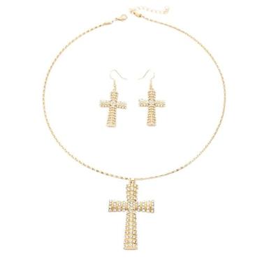 Imagem de FLORA Conjunto feminino de colar e brincos dourados com pingente de cruz duas peças moderno e versátil