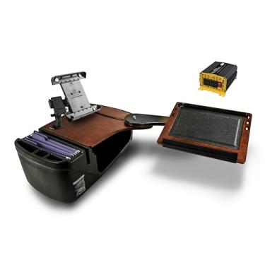 Imagem de AutoExec AE-RDBSLH-PI-PM-TAB-21M Reach Car Desk para sua estação de trabalho de veículo e escritório móvel, banco traseiro lado esquerdo, mogno com inversor de potência de 400 watts, suporte para