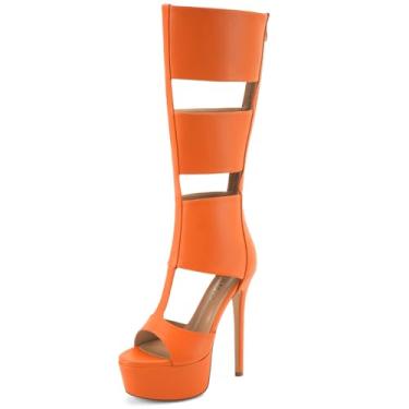 Imagem de Perisis Sandálias gladiadoras plataforma até o joelho para mulheres sexy aberto peep toe salto alto stiletto moda verão vestido festa dança botas com zíper, PU laranja, 35