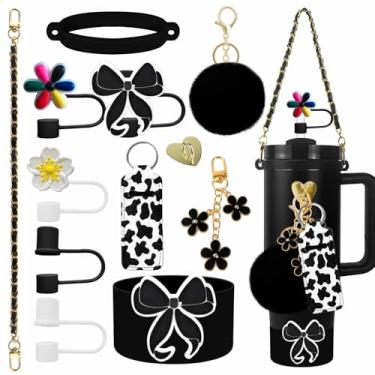 Imagem de Conjunto de acessórios incluindo alça de alça de garrafa de água, bota de silicone, capa de palha de borboleta de resina, cobertura de palha, protetor labial, berloques de borboleta e bola de pelo