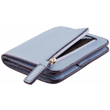 Imagem de Carteira feminina com bloqueio de RFID, pequena, compacta, dobrável, bolso duplo, mini bolsa feminina com janela para identidade, Azul, Slim