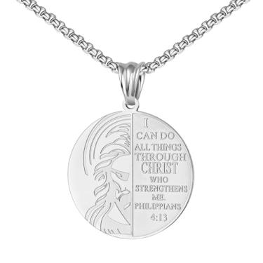Imagem de UTHOSMDO Colar cristão inspirador com medalhão das escrituras I CAN DO ALL THROUGH CHRIST WHO STRENGTHENS ME, Filipenses 4:13, pingente religioso, joia religiosa, 60cm, Aço inoxidável, Sem Pedra