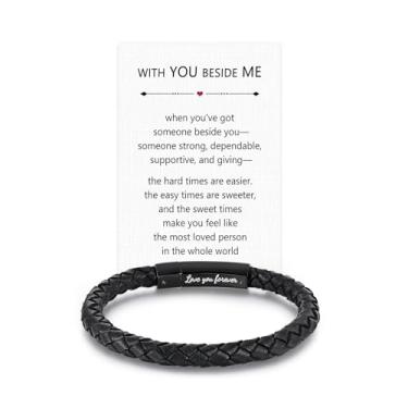 Imagem de Pulseira masculina trançada de couro genuíno para presente para homens, pai, marido, namorado, filho, neto, irmão, sobrinho, tio, preto, aço inoxidável, gravada com Love You Forever, joia 19,5 | 22,5