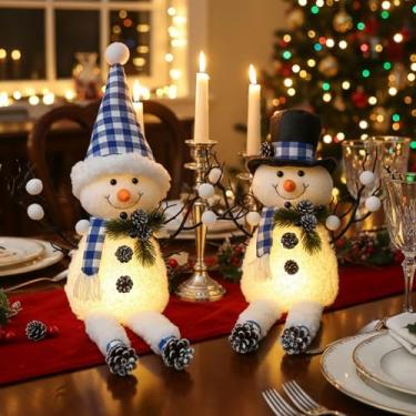 Imagem de Pacote com 2 decorações de mesa de Natal, bonecos de neve iluminados de pelúcia de 45,7 cm, árvores de Natal com galhos de pinha, boneco de neve iluminado, enfeites de mesa para presentes de festa de