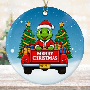 Imagem de DamienBrightGift Enfeite de Natal tartaruga em caminhão vermelho - decoração de cerâmica de réptil de Papai Noel fofo - Presente engraçado de lembrança de feriado de tartaruga marinha - Decoração de