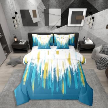 Imagem de Conjunto de cama solteiro abstrato azul-petróleo para decoração de quarto moderno e chique, com pinceladas amarelas, pintura a óleo, 7 peças, grafite, ombré, listrado, em uma bolsa, arte contemporânea