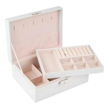 Imagem de Maleta Porta Joias, Organizador de Joias em Couro PU, 2 Camadas com 19 Compartimentos, Fechadura com Chave, 17.5x9x23cm (Branco)