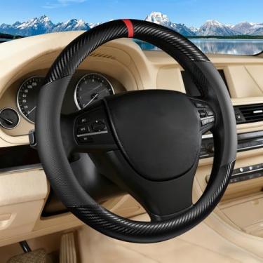 Imagem de Capa de volante de couro de fibra de carbono preta, couro de microfibra, antiderrapante, respirável, ajuste universal para capa de volante de 36,8 a 38 cm para homens e mulheres