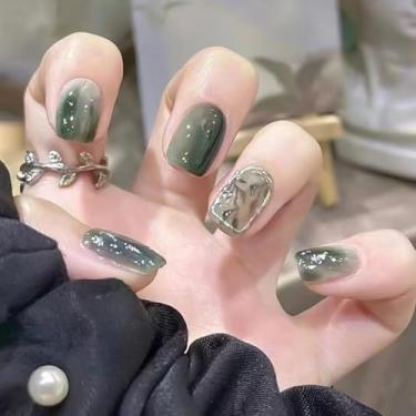 Imagem de Unhas postiças curtas médias quadradas verdes ombres com linhas simples Desien cobertura completa cola acrílica falsa em unha para mulheres, 24 peças