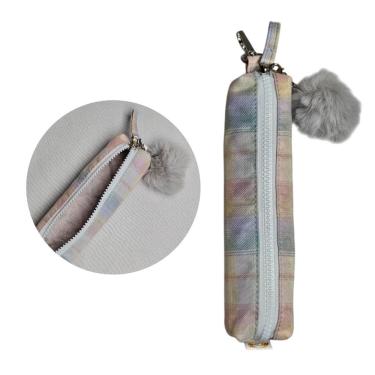 Imagem de Estojo Escolar Xadrez Bege Pompom Fofo Multiuso Organização Maquiagem Lápis Caneta Tesoura Borracha