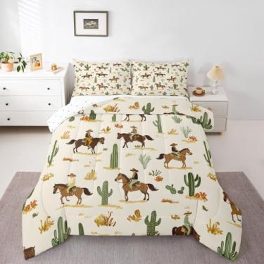 Imagem de Feelyou Conjunto de edredom infantil com estampa de cacto e cavalo ocidental, estilo sudoeste, para crianças, meninos, meninas, quarto, rodeio, vintage, estampa ocidental, ultramacia, respirável