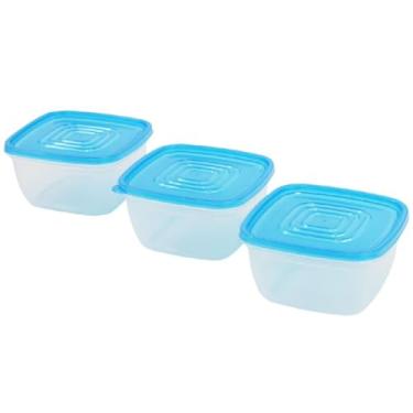 Imagem de Conjunto de Potes Plásticos Quadrados com Tampa, 3 Peças, 1 Litro Cada, Material Livre de BPA, Azul e Transparente, 15 x 8 cm