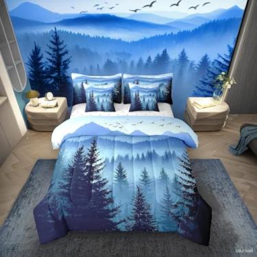 Imagem de Erosebridal Jogo de cama King azul escuro com lençol de montanha, pinheiro, floresta, floresta rústica, natureza, paisagem, para crianças, meninos e adolescentes, conjunto de cama leve e macio