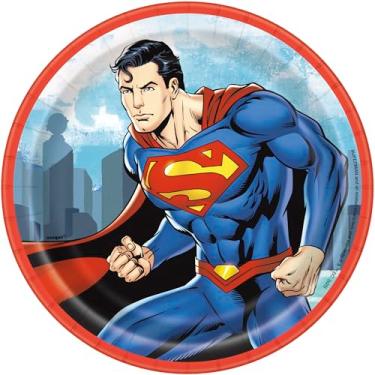 Imagem de Pratos de sobremesa de papel Heroic Superman DC Comics – 18 cm (pacote com 8) – Perfeito para festas de aniversário, celebrações de quadrinhos, noites de cinema e mesas temáticas