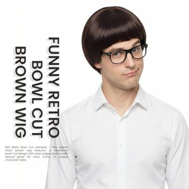 Imagem de Peruca clássica marrom curta reta corte tigela com franja para homens estilo anos 60 cosplay peruca para festa de Halloween